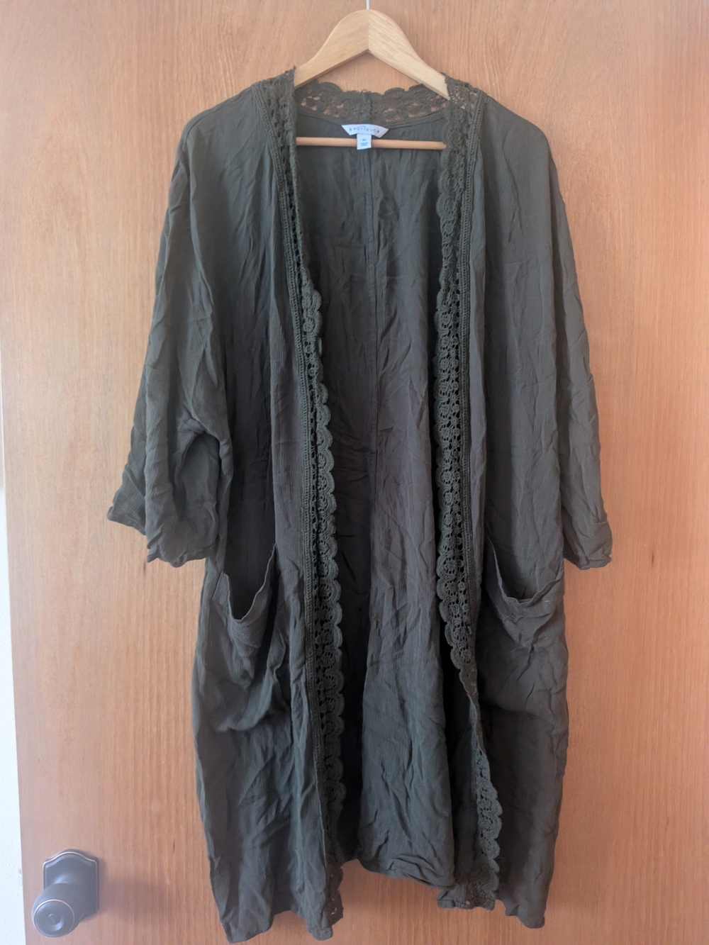 Olive Green Crochet Trim Open Front Duster